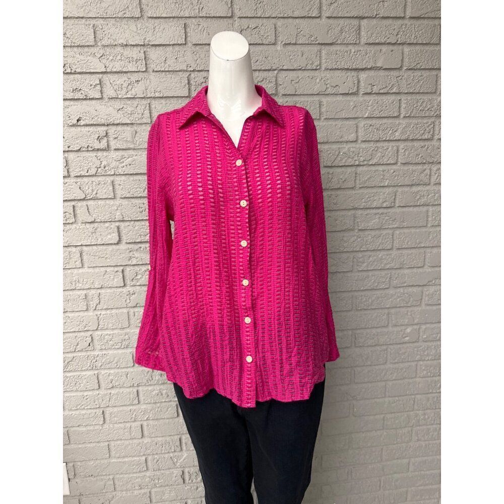 Chico’s Women Textured Magenta Rolled Tab Sleeve Sheer Shirt Size 1